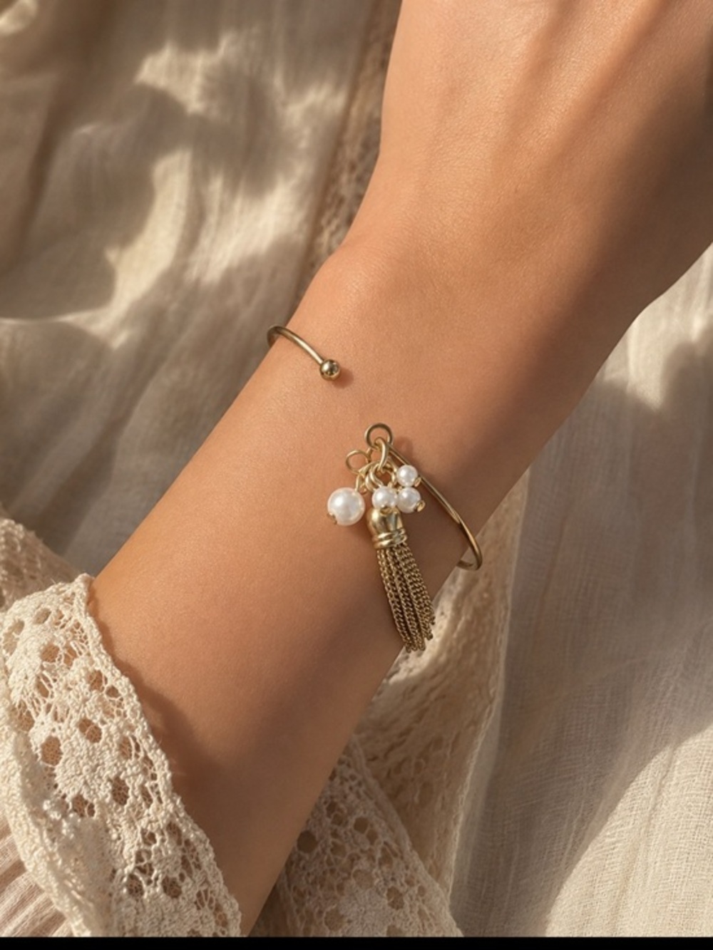 Gold Tone Pearl Charm Tassel Open Cuff Bangle Bracelet